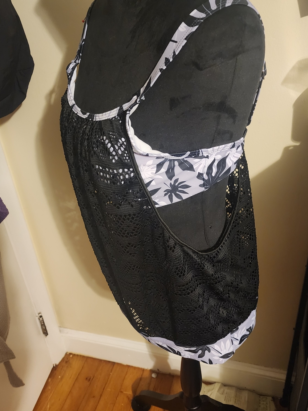 Black Crochet Swim Cover-Up with White Floral Trim
